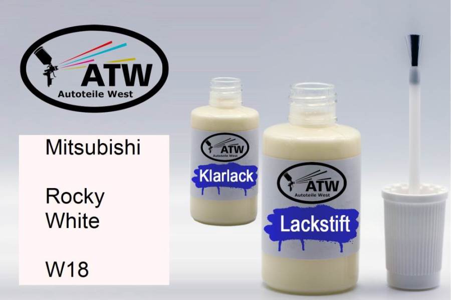 Mitsubishi, Rocky White, W18: 20ml Lackstift + 20ml Klarlack - Set, von ATW Autoteile West.